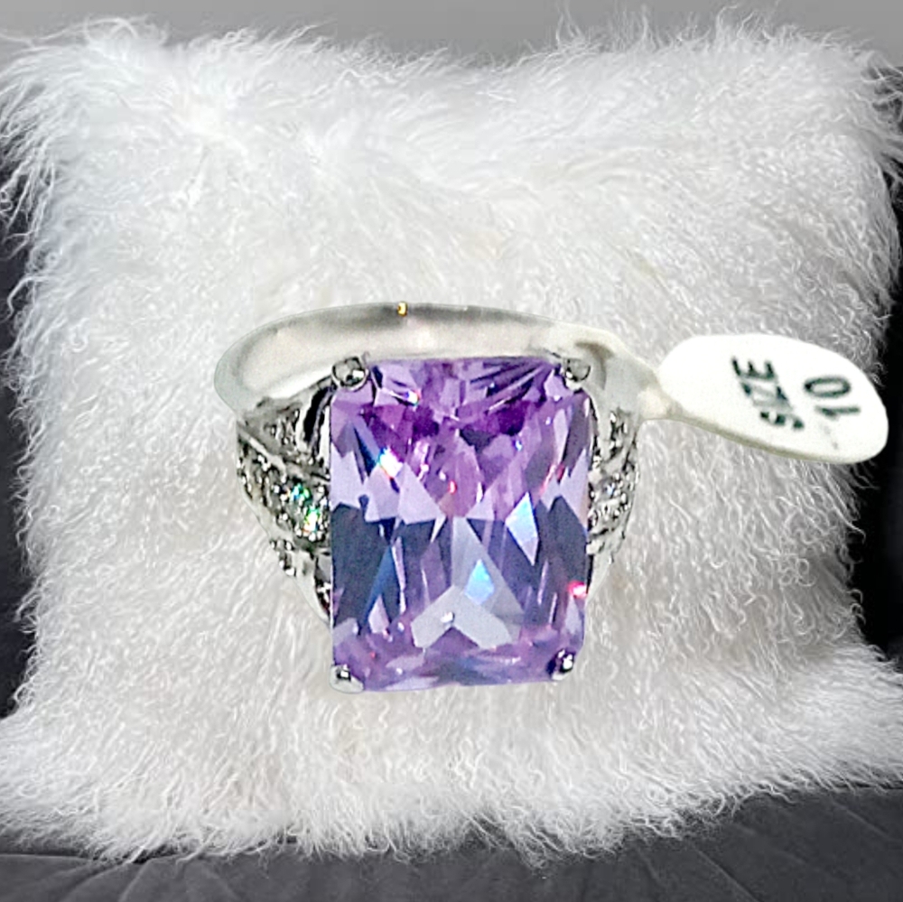 Princess Cut Rhodium Plated Silver Ring with Center Lavender Cubic Zirconia